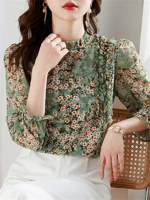 Floral Print Ruffle Trim Chiffon Shirt for Ladies