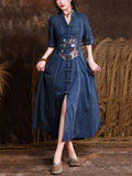 Women's Oriental Floral Embroidery V-Neck Front Slit Denim Dress