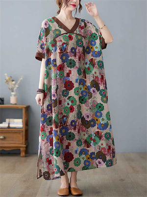 Women's V-neck Contrast Color Short Sleeve Floral Dress