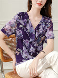 V-neck Ruffled Floral Chiffon Shirt for Women