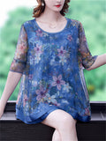 Elegant Round Neck Floral Print Smooth Chiffon Shirt for Lady