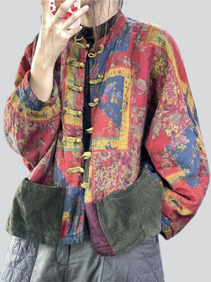 Ladies Retro Abstract Print Knot Button Patch Pocket Cotton Coat