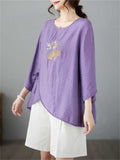 Female Chinese Fan Flower Embroidered 3/4 Sleeve Shirt