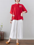 Women's Flowers Embroidered Stand-up Collar Half Sleeve Shirt