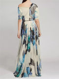 Ladies Irregular One-Shoulder Printed Chiffon Dress