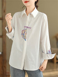 Relaxed Turn-down Collar Embroidered Shirts for Lady