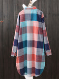 Women's Lapel Rolled Up Sleeve Mid Length Plaid Shirt