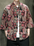 Men's Ethnic Style Print Stand Collar Knot Button Shirt