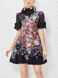 3D Flower Lace-Up Print Mini Dresses for Ladies