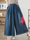 Ethnic Style Peony Patchwork Fashion Wide Leg Jeans for Women