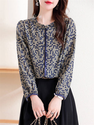 Retro Polka Dot Print Pleated Stand Collar Shirt for Female