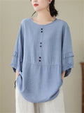 Women's Decorative Button Round Neck Relaxed Pullover Shirt