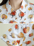 Cute Pumpkin Print Short Sleeve Button Shirt for Women