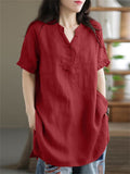 V Neck Short Sleeve Pullover Relaxed Linen Shirt for Female