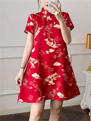 Chinese Red Flying Deer Print Knee Length Qipao