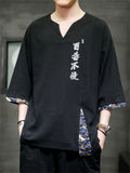 Chinese Style Hanzi Embroidery Men's V Neck Patchwork Shirt