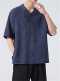 Men's Summer V Neck Short Sleeve Regular Fit Linen Shirt