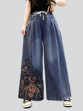 Ethnic Style Peony Embroidery Women's Wide Leg Jeans