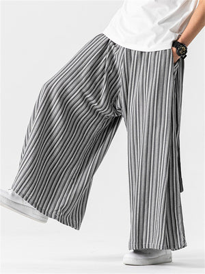 Men's Chinese Style Cotton Striped Wide Leg Pants with Strap