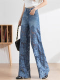 Women's Lace Flower Splicing High Waist Straight-Leg Jeans