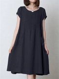 Solid Color Round Neck Knee Length Cotton Linen Dress for Lady