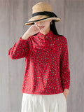 Women's Mini Floral Print Vintage Stand Collar Linen Shirt