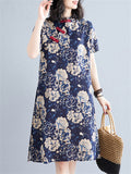 Women's White Peony Print Knee Length Navy Blue Qipao Dress