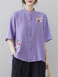 Women's Flowers Embroidered Stand-up Collar Half Sleeve Shirt