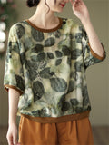 Women's Linen Silky Round Neck Short Sleeve Print Shirt