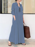 Minimalist Lapel Collar Long Sleeve Pocket Maxi Shirt Dress