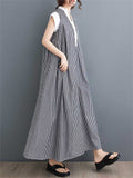 Female V-Neck White Collar Sleeve Trim Striped Dresses