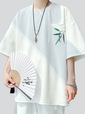 Male Casual Pocket Bamboo Leaves Half Sleeve Shirts