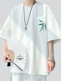 Male Casual Pocket Bamboo Leaves Half Sleeve Shirts