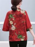 Women's Summer Elegant Peony Print Half Sleeve Shirt