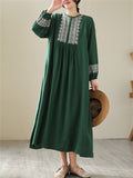 Female Geometric Embroidered Round Collar Half Placket Dress