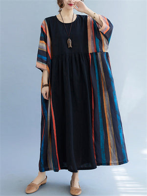 Ethnic Style Multicolor Stripes Round Neck Loose Dress for Women