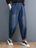 Lady Contrast Color Slim Distressed Denim Harem Pants