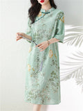 Lady Loose Cheongsam Temperament Printed Stand Collar Dress