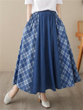 Women's Casual Plaid Patchwork Denim Pleated Skirt