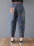 Women's Orange Feather Chic Splicing Blue Denim Pants