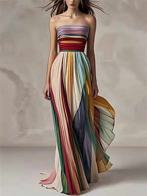 Colorful Stripe Pleated Off Shoulder Flowy Long Dress for Lady