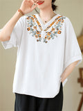 Women's Relaxed Elegant Floral Embroidered V-neck Shirts