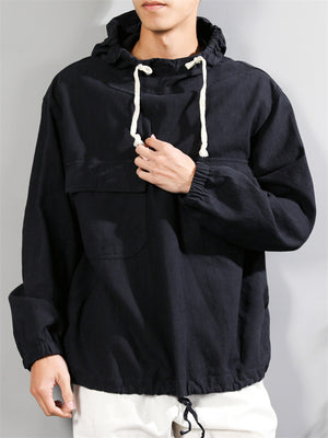 Male Pure Color Hooded Shirt with Double Pockets