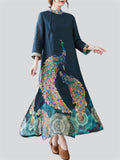 Women's Ethnic Peacock Print Cotton Linen Side Slit Dress