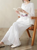 Female Button Up Embroidered Shirt Elastic Waist Pants Set