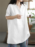 V Neck Short Sleeve Pullover Relaxed Linen Shirt for Female