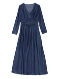 Retro V-neck Pleated Waisted Denim Dresses for Women