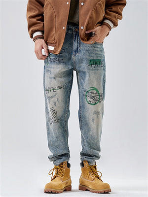 Personality Street Letter Graffiti Loose Blue Jeans for Men