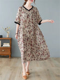 Female Retro Print V Neck Short Sleeve Linen Loose Dress