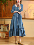 Ladies Elegant Scoop Neck High-Rise Ruffled Hem Denim Dress